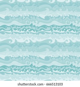 Seamless pattern with doodle waves. Sea background. Hand drawn Illustration. Boho style