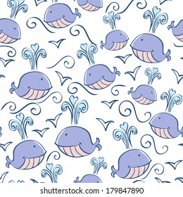 seamless pattern with doodle whales