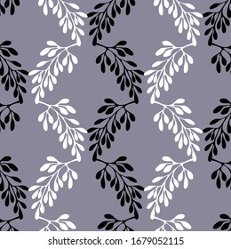 seamless pattern doodle white and black twigs with leaves, natural design element. Freehand sketch in black ink. Doodle art on a gray background for a simple print design on fabric, paper, wallpaper