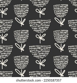 Seamless pattern with doodle white flowers made with dashes on a black background. Trendy hand drawn vector texture. Great for textile paper fabric gift wrap and more.