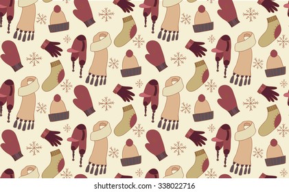 Seamless pattern with doodle winter clothing - hats, socks, mittens for your creativity