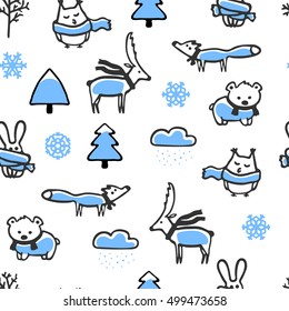 Seamless pattern with doodle winter illustrations. Cute animals wear scarves. Deer, owl and rabbit in cartoon style. Funny fox and bear