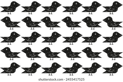 Seamless pattern with Doodle Woodcut birds in trend Brazilian Cordel style. Simple black Birds ornament. Folk vector aesthetic can used textile, wall print. Editable stroke.