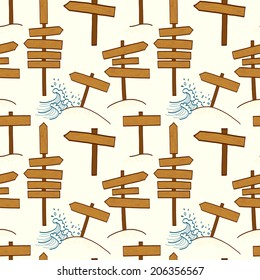 Seamless pattern with doodle wooden signs, signboard and direction arrows. Tiling background made of various empty road signs on light backdrop.