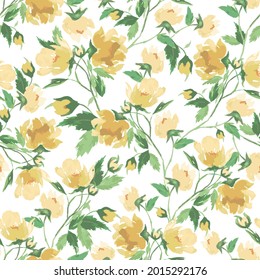 Seamless pattern with doodle yellow flowers and fresh green leaves on white background. Stock floral illustration.Can be used as a Print for Fabric, Background .