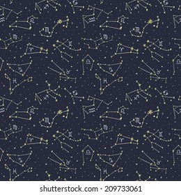 Seamless pattern with doodle zodiac sings in starry sky 1