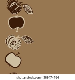 Seamless pattern, doodles,  apples, leaves, grains, copy space. Hand drawn.