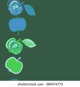 Seamless pattern, doodles,  apples, leaves, grains, copy space. Hand drawn.