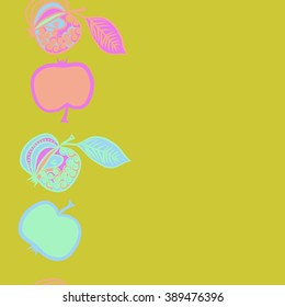 Seamless pattern, doodles,  apples, leaves, grains, copy space. Hand drawn.