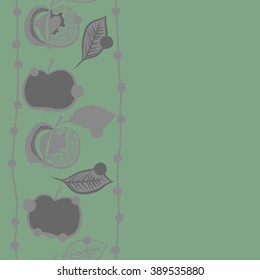 Seamless pattern, doodles,  apples, leaves, grains,stripes,vertical, copy space. Hand drawn.