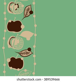 Seamless pattern, doodles,  apples, leaves, grains,stripes,vertical, copy space. Hand drawn.