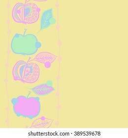 Seamless pattern, doodles,  apples, leaves, grains,stripes,vertical, copy space. Hand drawn.