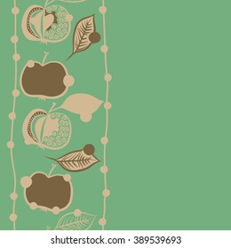 Seamless pattern, doodles,  apples, leaves, grains,stripes,vertical, copy space. Hand drawn.