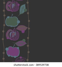 Seamless pattern, doodles,  apples, leaves, grains,stripes,vertical, copy space. Hand drawn.