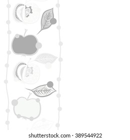 Seamless pattern, doodles,  apples, leaves, grains,stripes,vertical, copy space. Hand drawn.