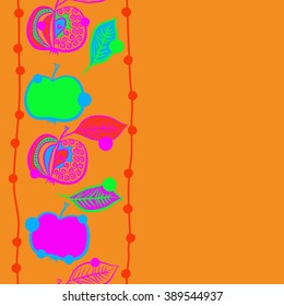 Seamless pattern, doodles,  apples, leaves, grains,stripes,vertical, copy space. Hand drawn.