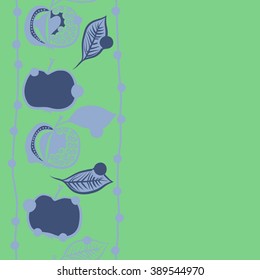 Seamless pattern, doodles,  apples, leaves, grains,stripes,vertical, copy space. Hand drawn.