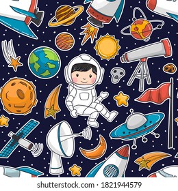 seamless pattern doodles astronauts and spaceships element