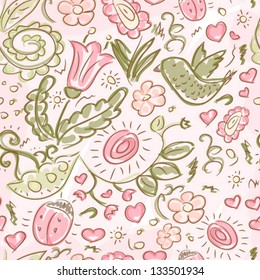 Seamless pattern with doodles bird and flowers, vector background texture
