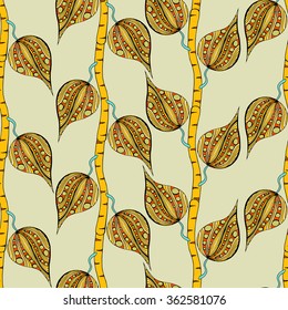 Seamless pattern of Doodles branches and leaves. Vector illustration. Hand drawn sketch.
