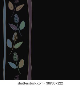 Seamless pattern, doodles,  branches, leaves, buds, spirals,vertical, stripes, copy space. Hand drawn.