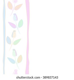 Seamless pattern, doodles,  branches, leaves, buds, spirals,vertical, stripes, copy space. Hand drawn.
