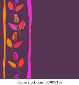 Seamless pattern, doodles,  branches, leaves, buds, spirals,vertical, stripes, copy space. Hand drawn.