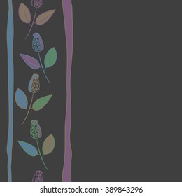 Seamless pattern, doodles,  branches, leaves, buds, spirals,vertical, stripes, copy space. Hand drawn.