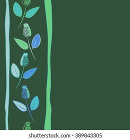 Seamless pattern, doodles,  branches, leaves, buds, spirals,vertical, stripes, copy space. Hand drawn.