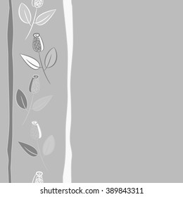 Seamless pattern, doodles,  branches, leaves, buds, spirals,vertical, stripes, copy space. Hand drawn.