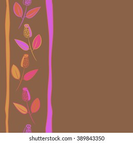 Seamless pattern, doodles,  branches, leaves, buds, spirals,vertical, stripes, copy space. Hand drawn.