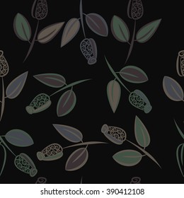 Seamless pattern, doodles,  branches, leaves, buds, spirals, floral theme. Hand drawn.