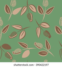 Seamless pattern, doodles,  branches, leaves, buds, spirals, floral theme. Hand drawn.