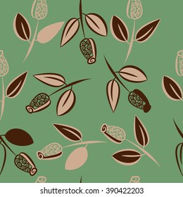 Seamless pattern, doodles,  branches, leaves, buds, spirals, floral theme. Hand drawn.