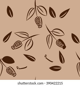 Seamless pattern, doodles,  branches, leaves, buds, spirals, floral theme. Hand drawn.