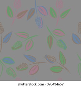 Seamless pattern, doodles,  branches, leaves, buds, spirals, floral theme. Hand drawn.