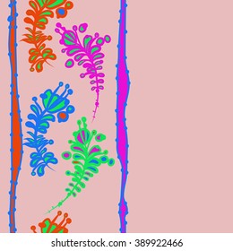 Seamless pattern, doodles,  branches, leaves,stamens, ellipses,vertical, stripes, copy space. Hand drawn.