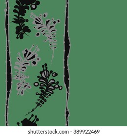 Seamless pattern, doodles,  branches, leaves,stamens, ellipses,vertical, stripes, copy space. Hand drawn.
