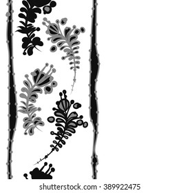 Seamless pattern, doodles,  branches, leaves,stamens, ellipses,vertical, stripes, copy space. Hand drawn.