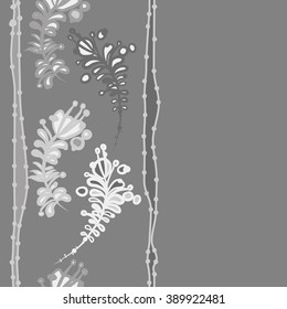 Seamless pattern, doodles,  branches, leaves,stamens, ellipses,vertical, stripes, copy space. Hand drawn.