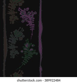 Seamless pattern, doodles,  branches, leaves,stamens, ellipses,vertical, stripes, copy space. Hand drawn.