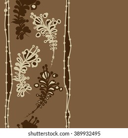 Seamless pattern, doodles,  branches, leaves,stamens, ellipses,vertical, stripes, copy space. Hand drawn.