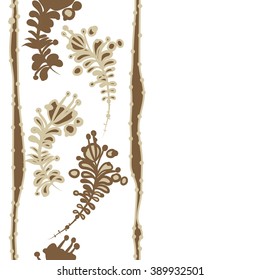 Seamless pattern, doodles,  branches, leaves,stamens, ellipses,vertical, stripes, copy space. Hand drawn.