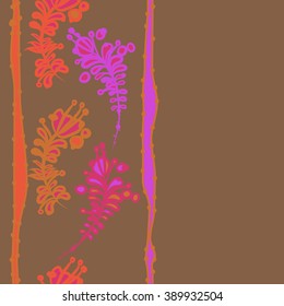 Seamless pattern, doodles,  branches, leaves,stamens, ellipses,vertical, stripes, copy space. Hand drawn.