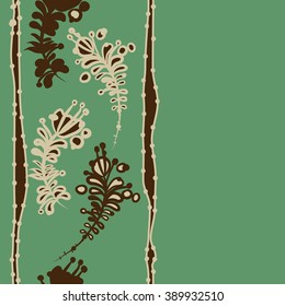 Seamless pattern, doodles,  branches, leaves,stamens, ellipses,vertical, stripes, copy space. Hand drawn.