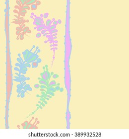 Seamless pattern, doodles,  branches, leaves,stamens, ellipses,vertical, stripes, copy space. Hand drawn.