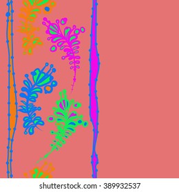 Seamless pattern, doodles,  branches, leaves,stamens, ellipses,vertical, stripes, copy space. Hand drawn.