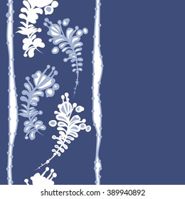 Seamless pattern, doodles,  branches, leaves,stamens, ellipses,vertical, stripes, copy space. Hand drawn.