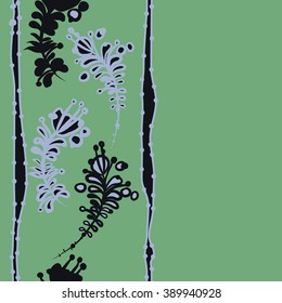 Seamless pattern, doodles,  branches, leaves,stamens, ellipses,vertical, stripes, copy space. Hand drawn.