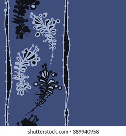 Seamless pattern, doodles,  branches, leaves,stamens, ellipses,vertical, stripes, copy space. Hand drawn.